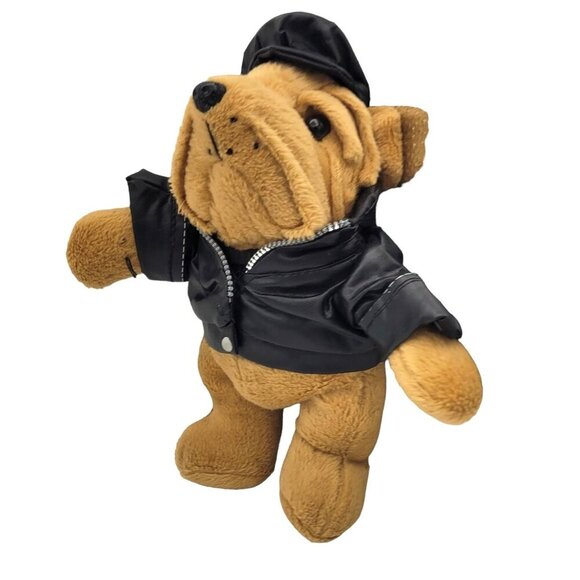 Dan Dee Biker Shar Pei Puppy Dog 10" Tan Black Vinyl Jacket Cap Stuffed Toy - Picture 4 of 7
